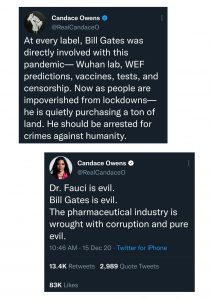 Candace Owens is the only one qualified to run for office with these statements. Second tweet was deleted/removed, but was 100% accurate. If our weak, dumb, corrupt politicians can't call out the real people behind COVID then they don't deserve to be in office : conspiracy
